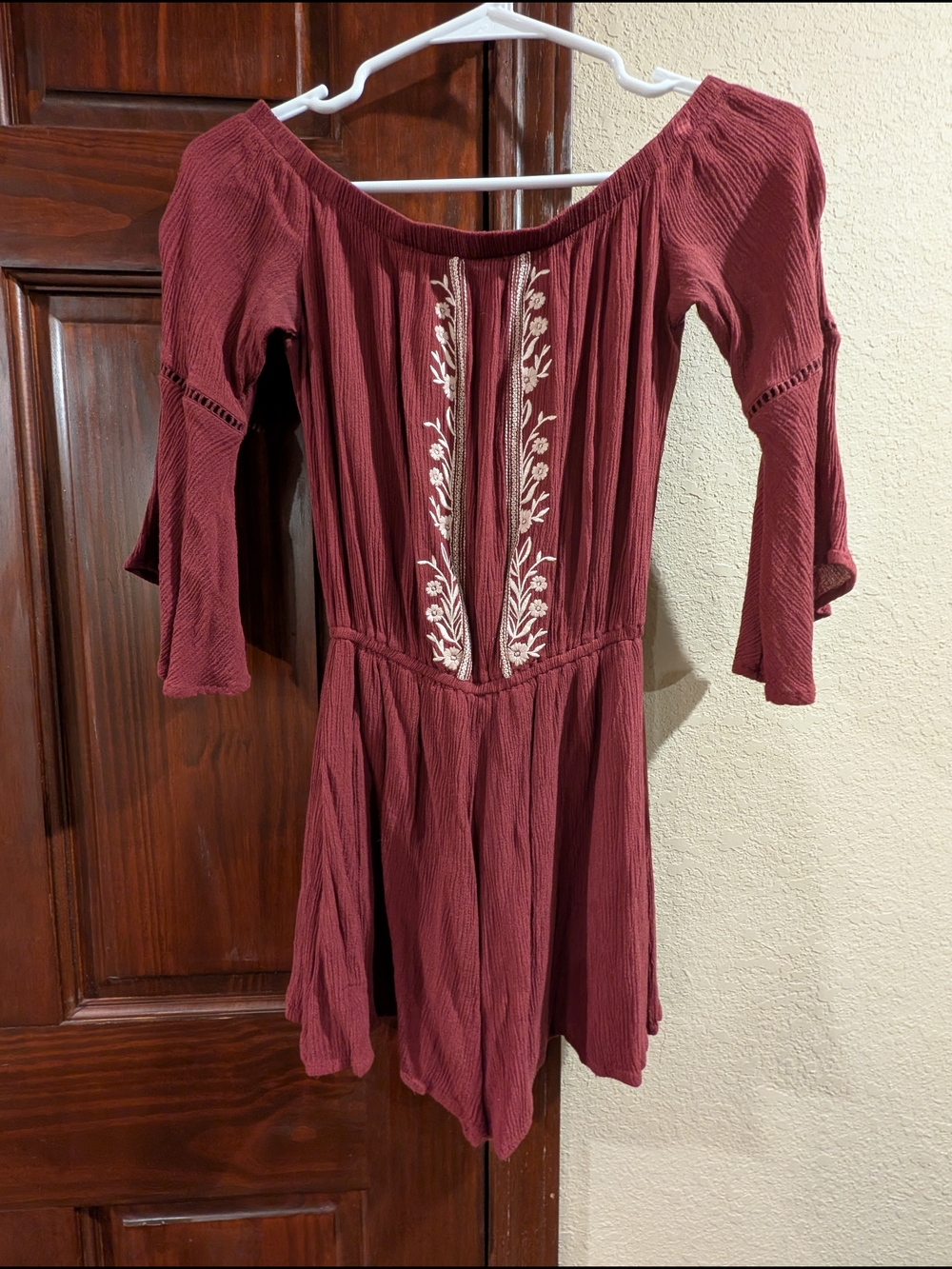 Women's Off-Shoulder Embroidered Burgundy Romper